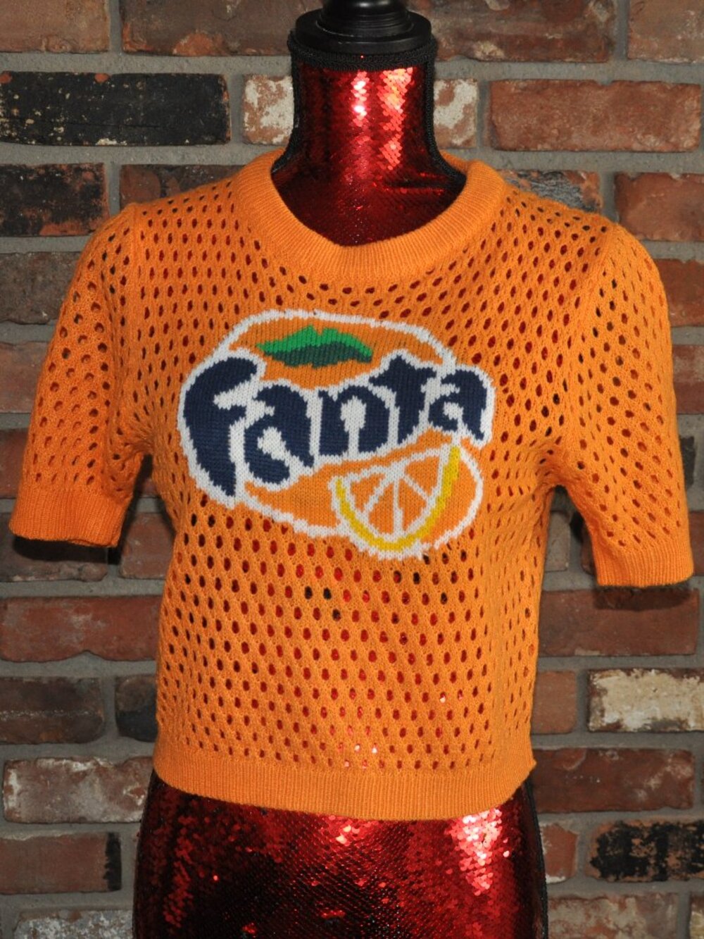 Coca-Cola Vintage Fanta Logo Orange Open Crochet Style-Knit Crop Top Logo Rave S